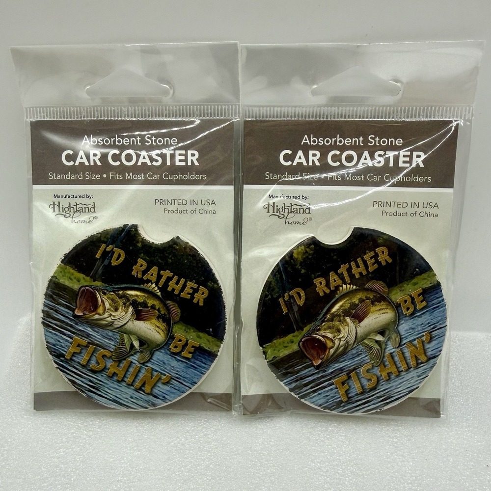 Highland Home Absorbent Stone Car Coasters I'd‎ Rather Be Fishin' Lot of 2